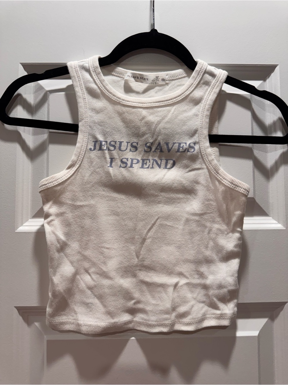 Altar'd State White Ribbed Crop Tank with Light Blue 'Jesus Saves I Spend' Text